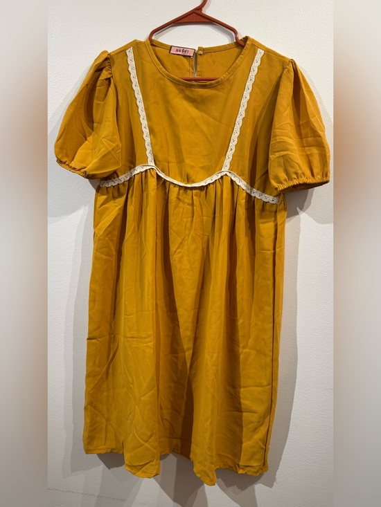 bauviet Dresses & Skirts - Women’s Lace-Trim Puff Sleeve Mini Dress in Mustard XL